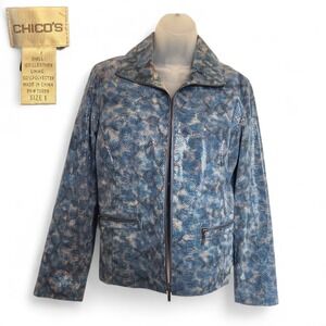 Chico's Women's Size 1 Blue  Snakeskin Embossed 100% Leather Moto Jacket Medium